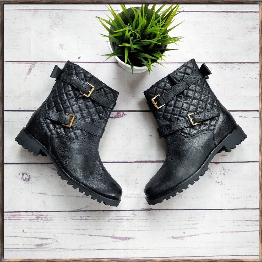 NWOT KATE SPADE Samara Quilted Moto Bow Buckle Booties Black Leather 9.5 NWOB